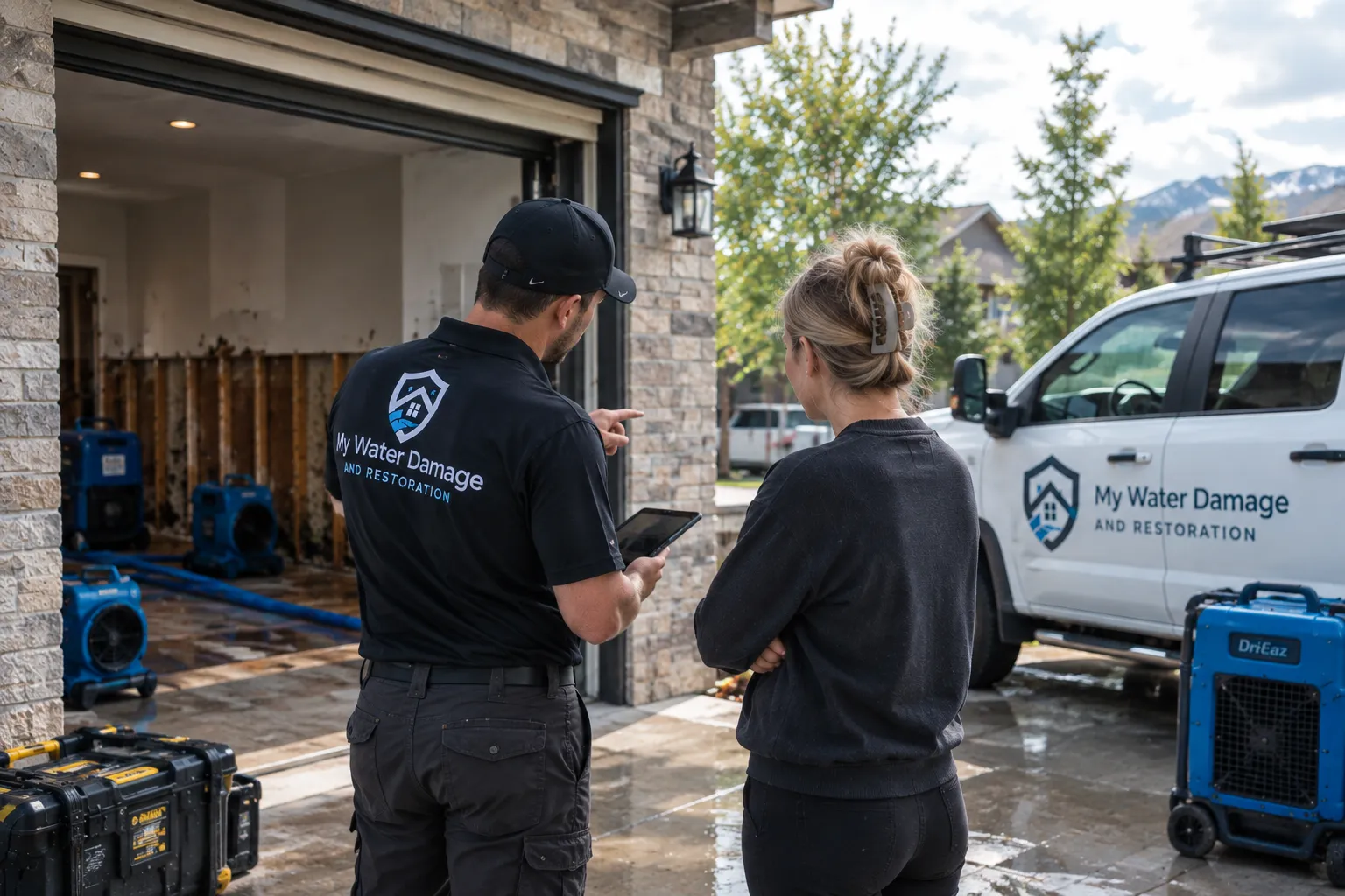A restoration technician showing a homeowner a tablet outside an open garage with the wall behind them cut back to the studs, service van on the driveway